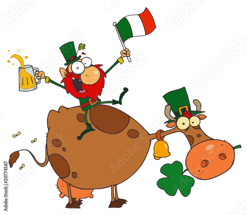 Lucky Leprechaun Sitting On A Cow With Beer And A Flag