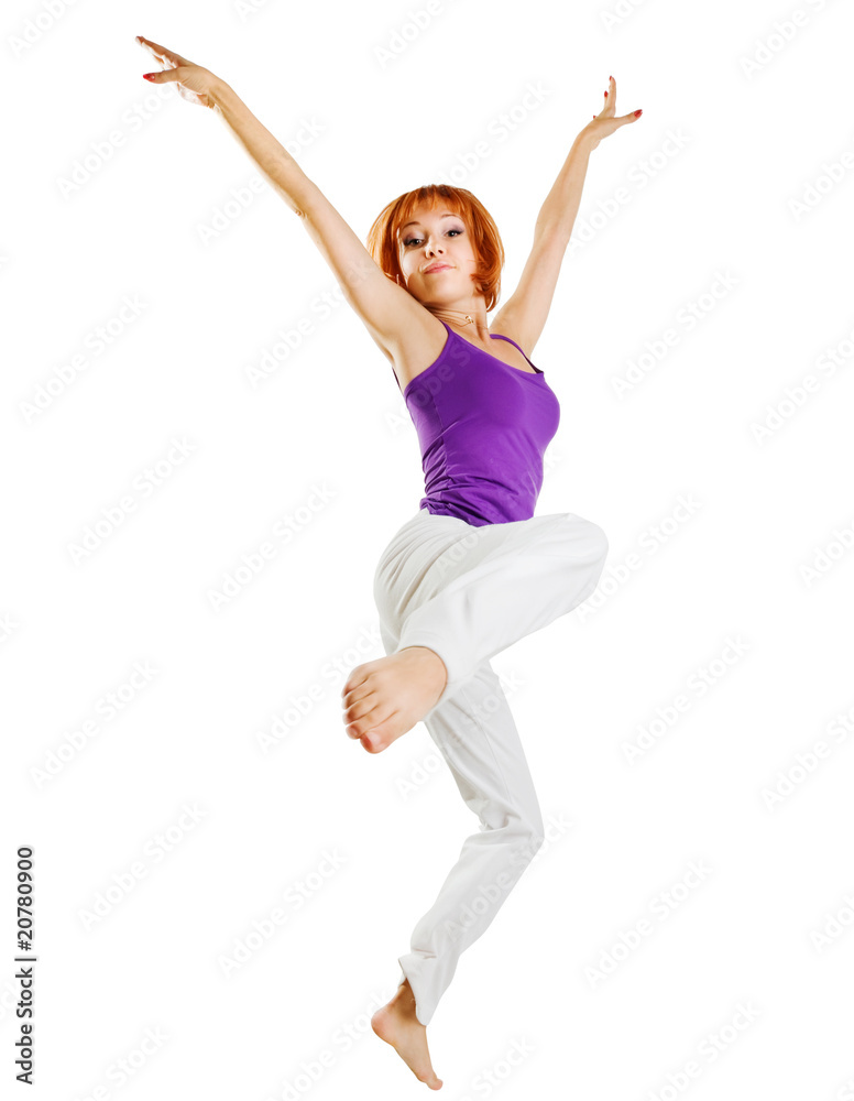 Fit red woman performing fitness exercises on white Fit red woman performing fitness exercises on white