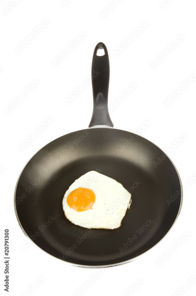 a fried egg in a pan on white a fried egg in a pan on white