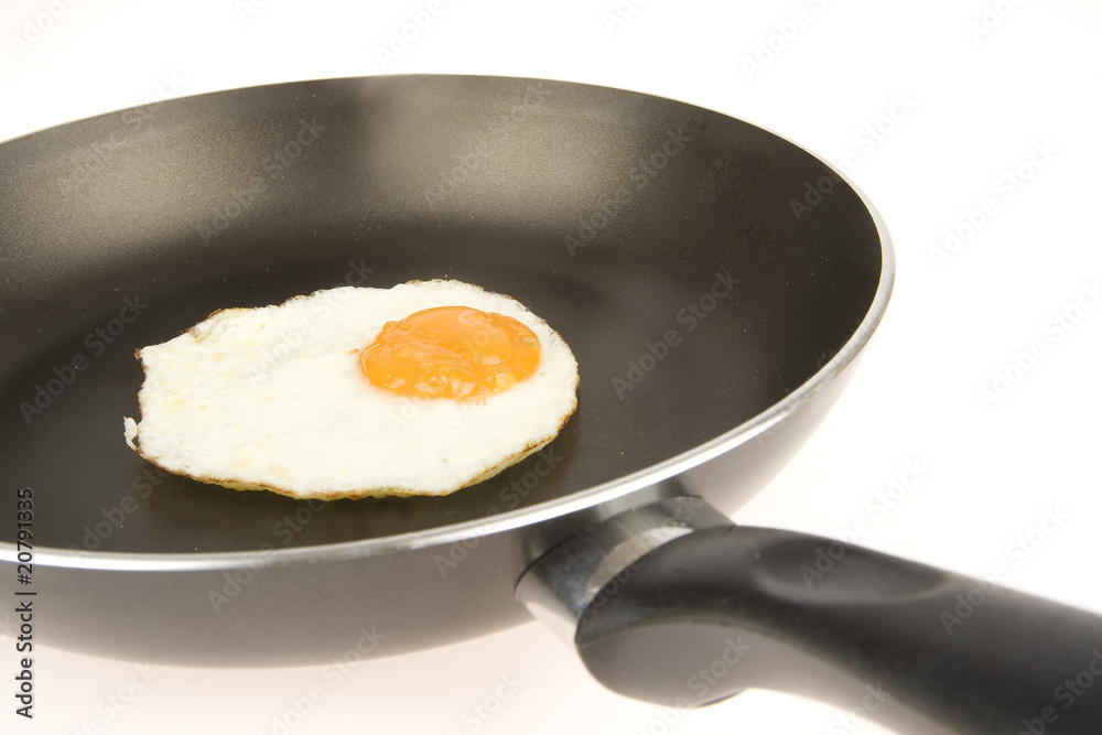 fried egg in pan on white fried egg in pan on white