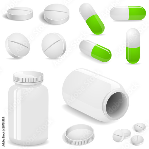 Tablets and pills vector set isolated on white.