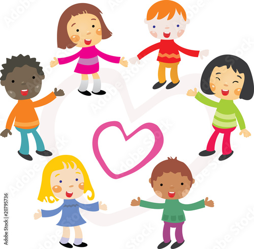 Grupo multicultural de niños alrededor de un corazón