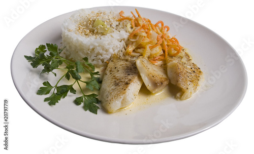 Fish fillet and rice on a plate