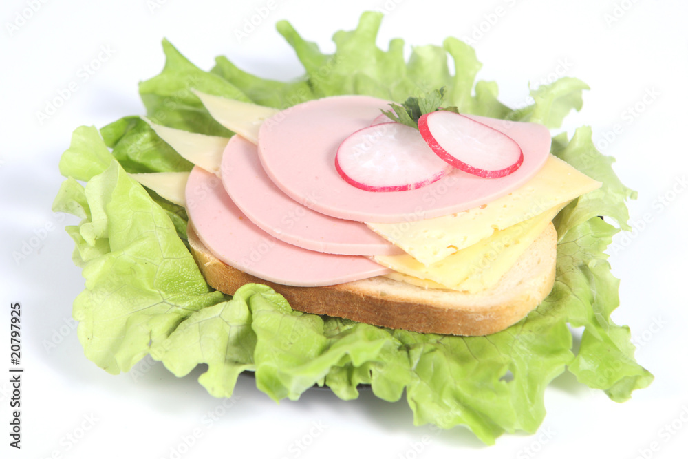 Ham sandwich with cheese, radish and greenery