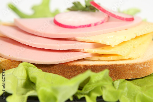 Obraz na płótnie Ham sandwich with cheese, radish and greenery w salonie
