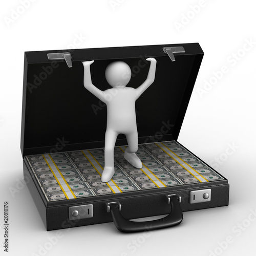 Open suitcase with dollars on white background