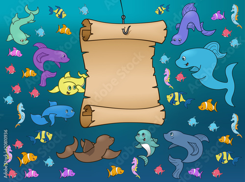 marine life looking at map - vector illustration