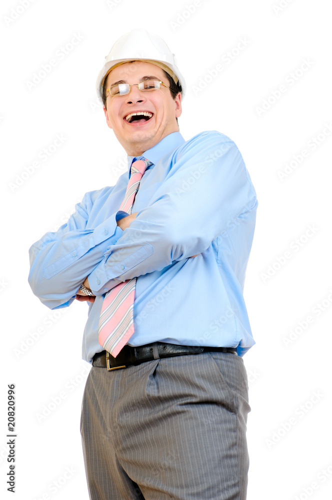 Happy engineer with white hard hat isolated on white Happy engineer with white hard hat isolated on white