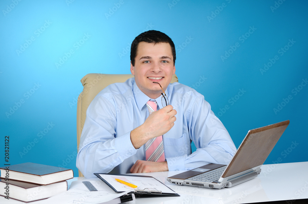 Man at work, on blue background Man at work, on blue background