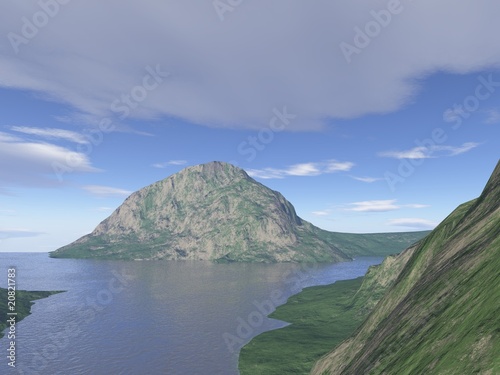 Computer generated mountain lake view