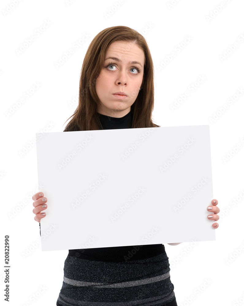 sad woman with a blank sheet of paper in her hands sad woman with a blank sheet of paper in her hands