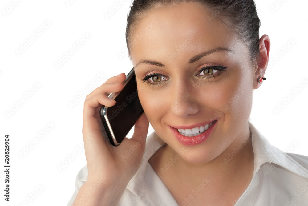 Attractive young woman talking over touch phone Attractive young woman talking over touch phone