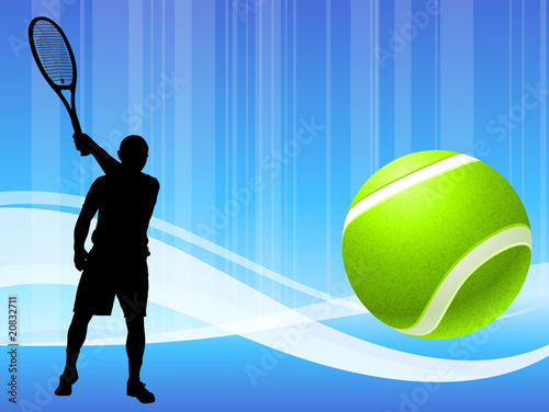 Tennis Player on Abstract Blue Wave Background