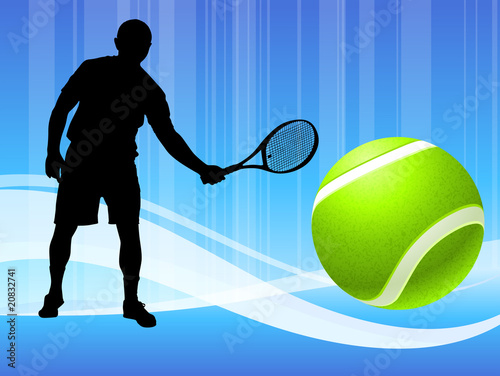 Tennis Player on Abstract Blue Wave Background