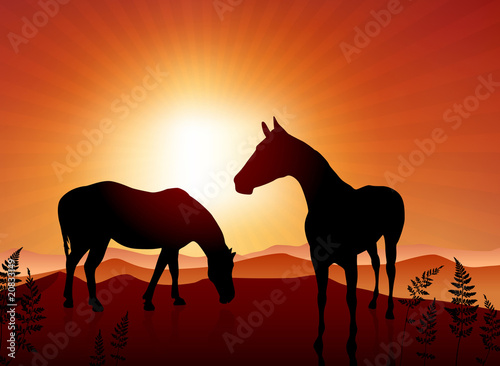 Horses grazing on sunset background