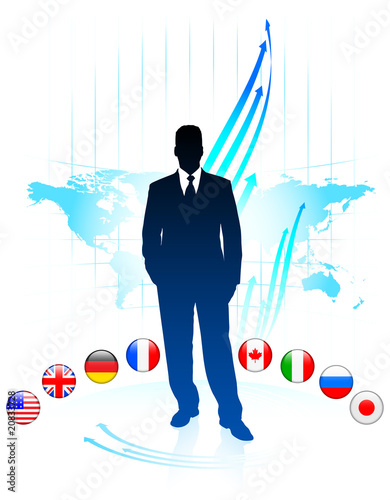 Businessman Leader on World Map with Flags