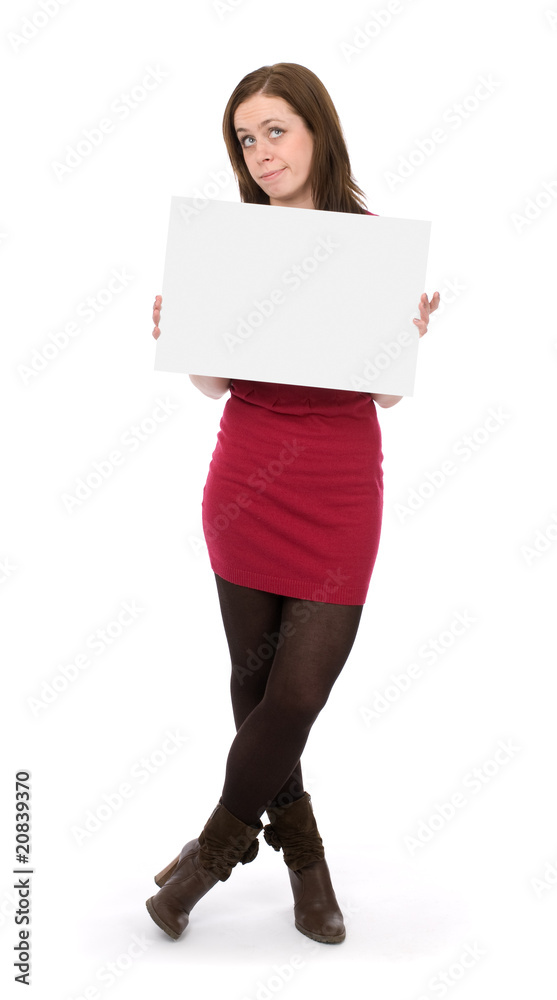 Young woman holding an empty billboard over white background Young woman holding an empty billboard over white background