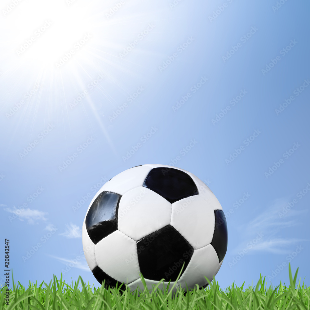 Fußball auf grüner Wiese im Sonnenschein