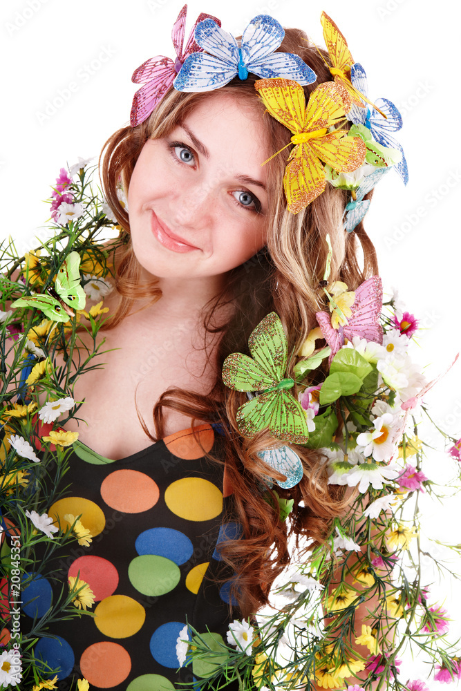 Girl with butterfly and flower on head. Spring hair. Girl with butterfly and flower on head. Spring hair.