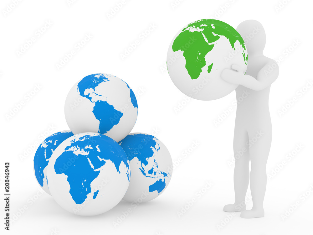 The person holds a planet the earth on arms