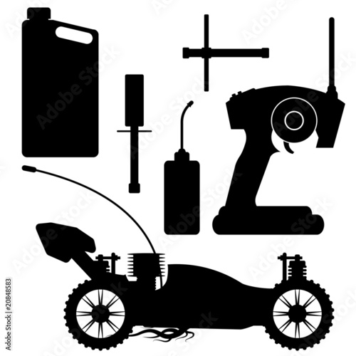 RC buggy silhouette with accessories over white