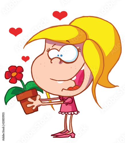 Happy Young Girl Holds Flower Pot