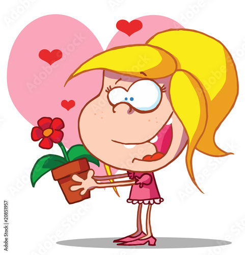 Happy Young Girl Holds Flower Pot,background