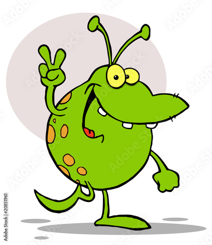 Happy Green Alien Smiling And Gesturing The Peace Sign