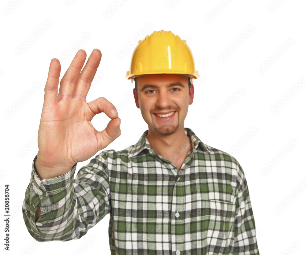 smiling handyman caucasian ok hand sign isolated white background smiling handyman caucasian ok hand sign isolated white background