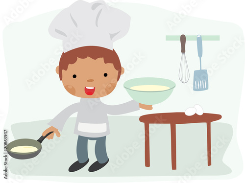 Niño chef cocinando panqueques para el desayuno