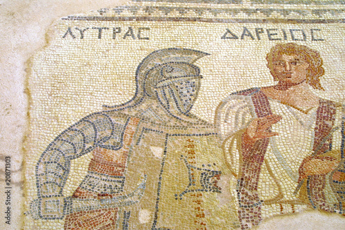 The fragment of ancient mosaic in temple. Kourion, Cyprus