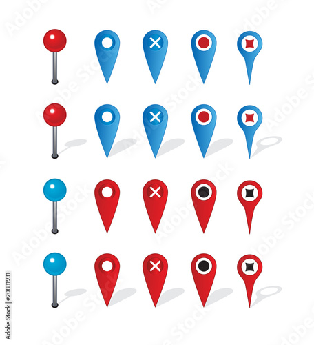 Group of map navigation icons and pin