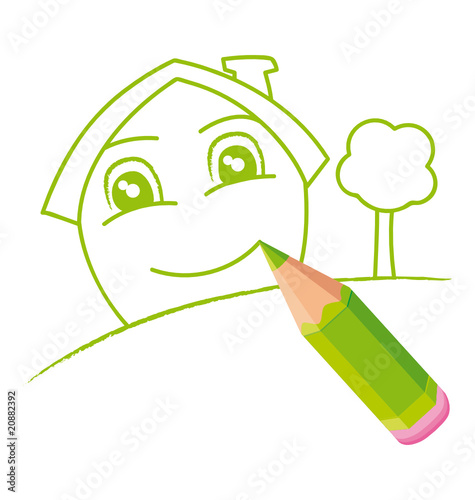 Drawing a green house with a colored pencil.