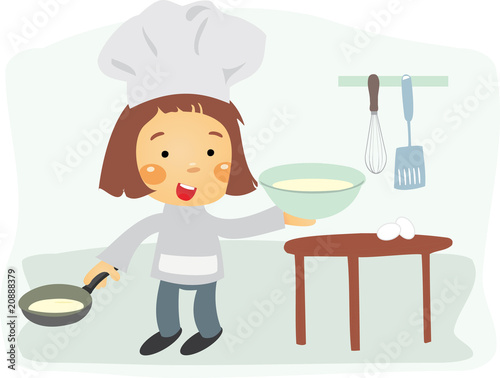 Pequeña chef cocinando el desayuno