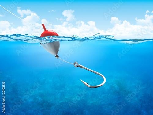 Float, fishing line and hook underwater vertical photo
