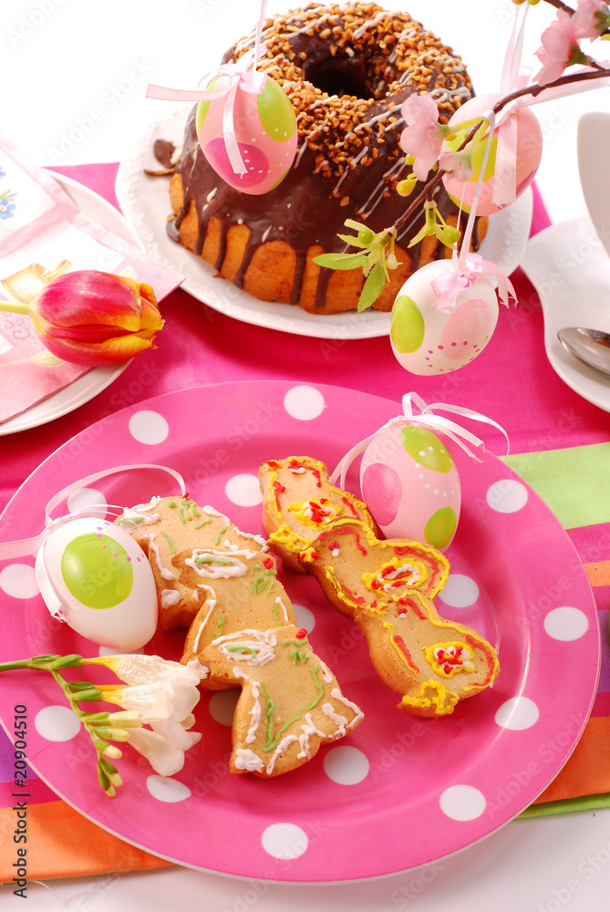 easter table with cookies and ring cake
