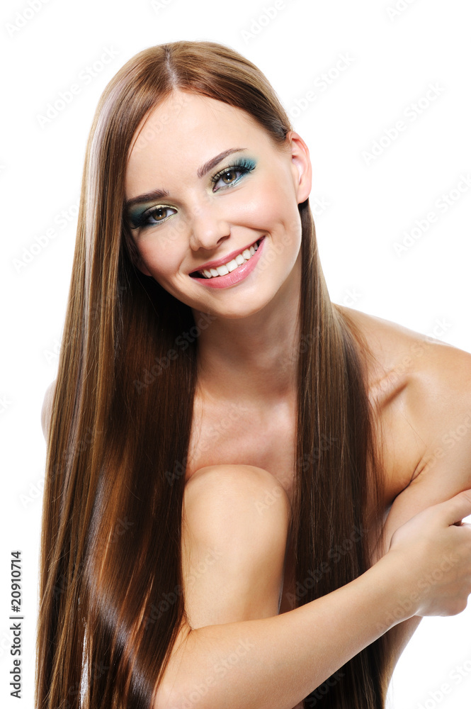 Happy laughing young girl with long beautiful straight hair Happy laughing young girl with long beautiful straight hair