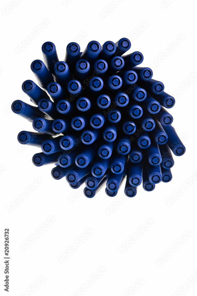 Blue ballpen caps in pattern over white background. Blue ballpen caps in pattern over white background.