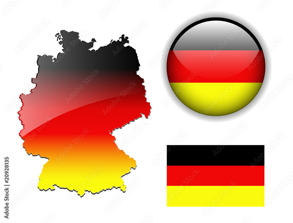 German, Germany flag, map and glossy button.