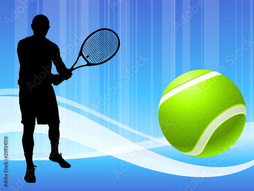 Tennis Player on Abstract Blue Wave Background