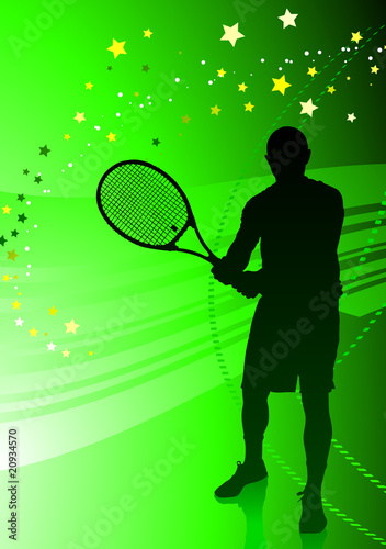 Tennis Player on Abstract Green Background © iconspro