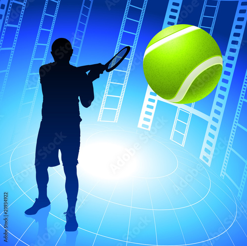 Tennis Player on Film Reel Background