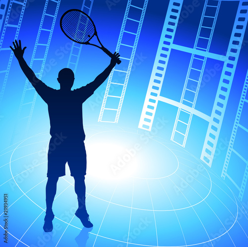 Tennis Player on Film Reel Background