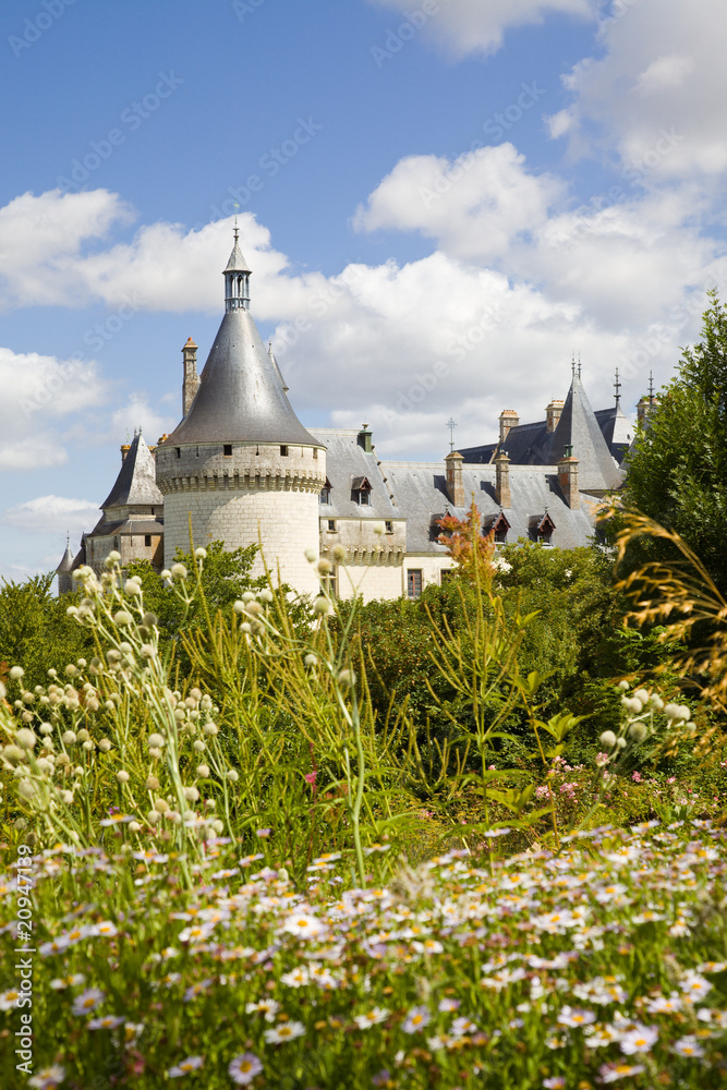Chaumont Chateau behind an amazing garden. France postcard