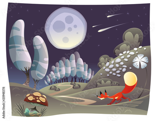 Fox in the night. Funny cartoon and vector scene.