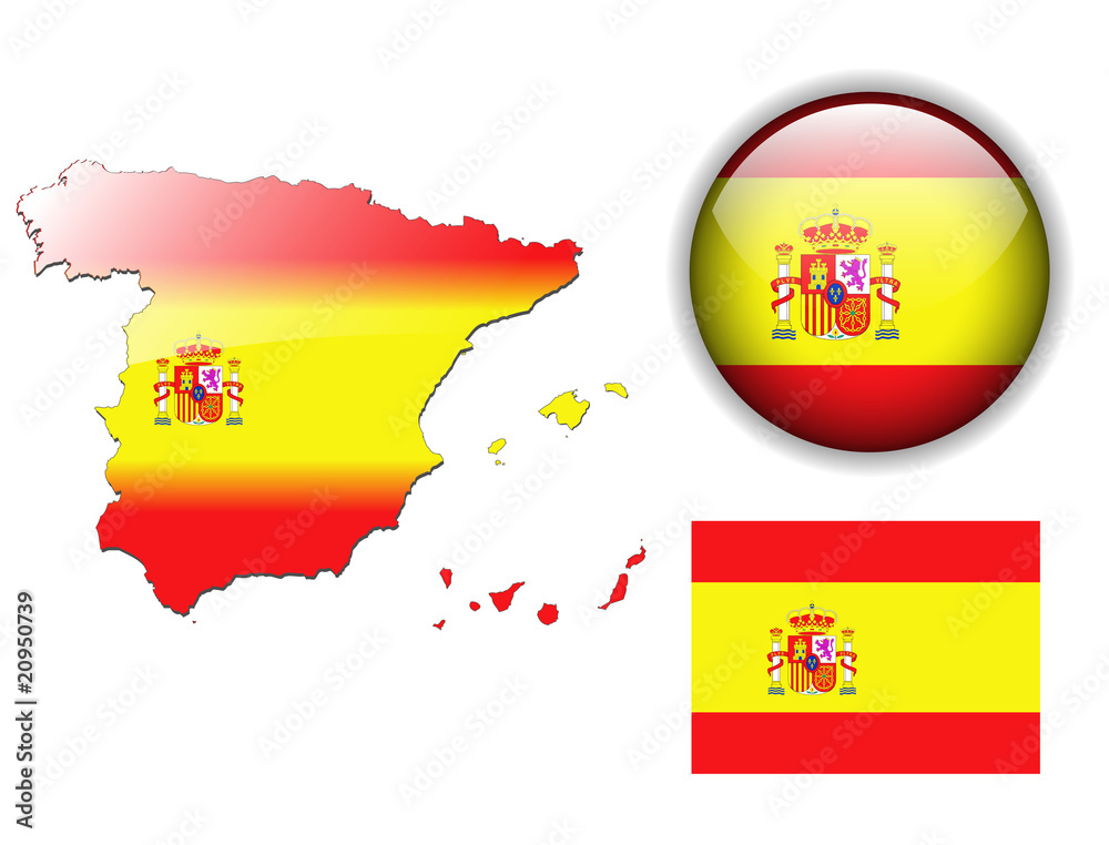 Spain flag, map and glossy button. Spain flag, map and glossy button.