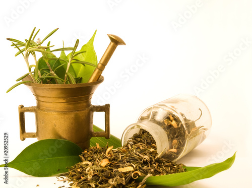 Mortar with herbal, and leaves