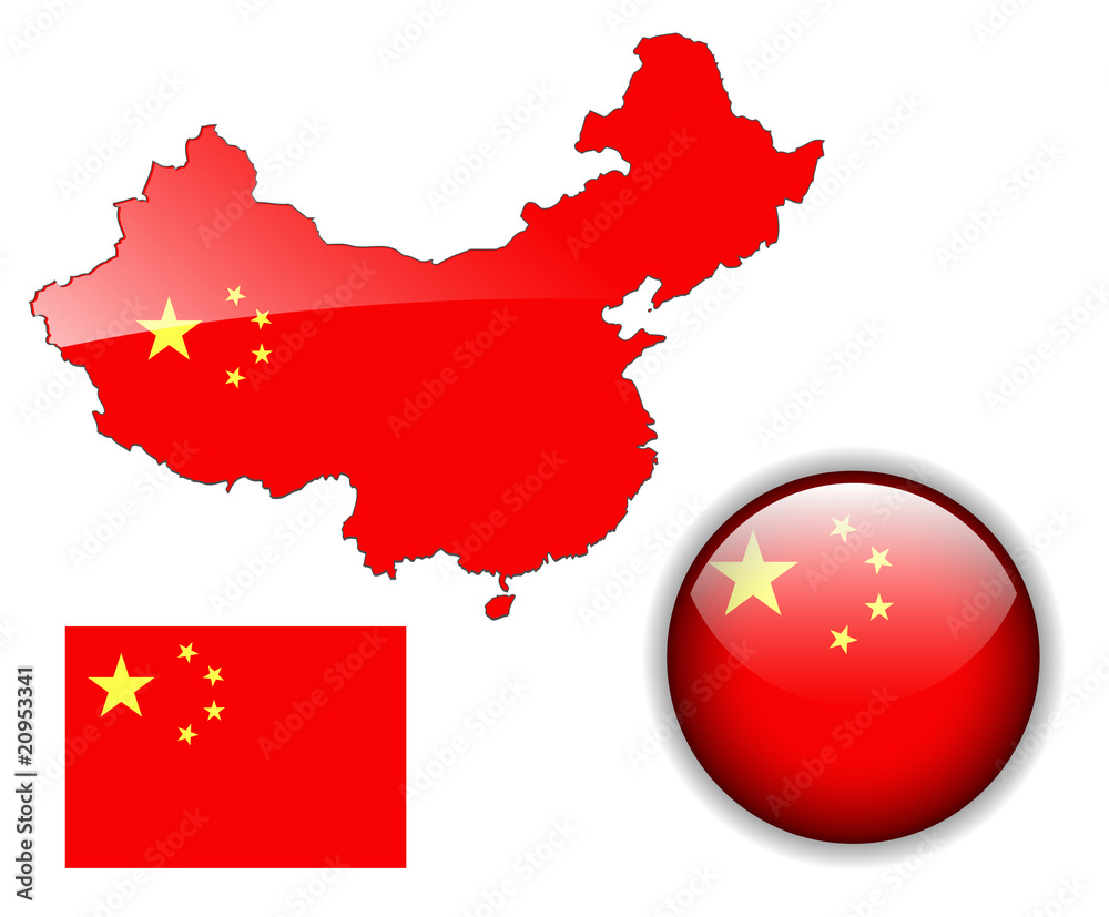 Naklejka premium China flag, map and button, vector set