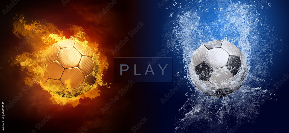 Fototapeta premium Water drops and fire flames around soccer ball on the background