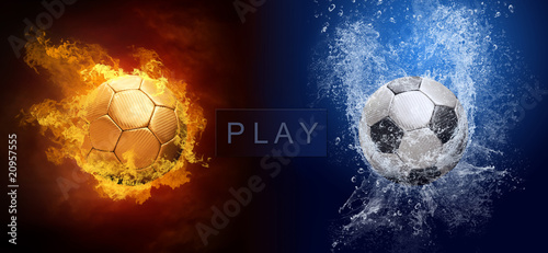 Fototapeta Naklejka Na Ścianę i Meble -  Water drops and fire flames around soccer ball on the background
